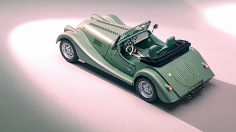 2024 Morgan Plus Four - green, rear, top view, studio