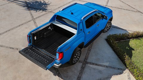 Volkswagen Amarok 2022 - blue, top view, load space, tailgate down