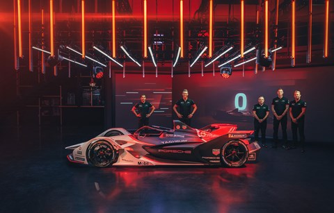 Porsche's Formula E racer, unveiled in Germany by Pascal Zurlinden (third from right)