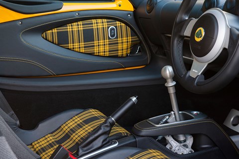 Lovely tartan and exposed gear linkage of Lotus Exige Sport 350