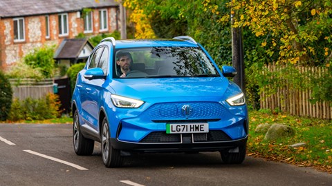 Best electric SUVs - MG ZS EV, blue, front view, driving round corner
