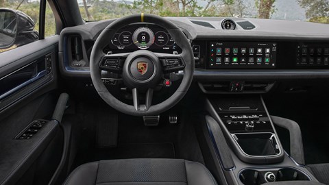 Porsche Cayenne Turbo E-Hybrid, interior, GT steering wheel, driving position