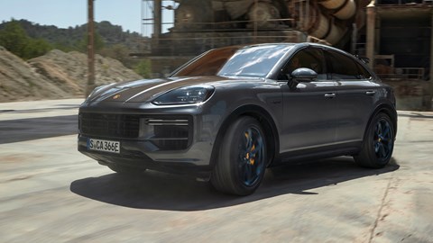 Porsche Cayenne Turbo E-Hybrid Coupe with GT Package, replaces GT Turbo, front, grey, driving