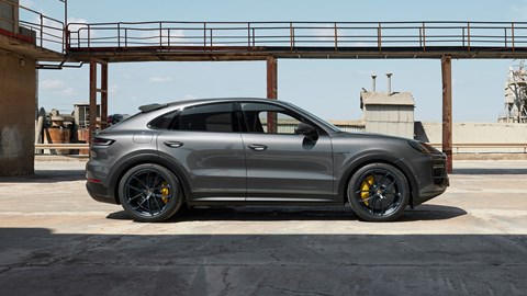 Porsche Cayenne Turbo E-Hybrid Coupe with GT Package, side, grey