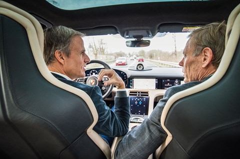 Micheal Mauer (left) drives CAR magazine's Gavin Green in the new Porsche Taycan Turbo