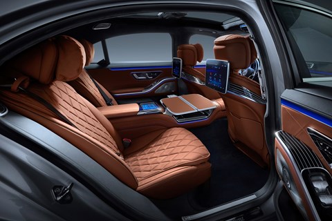 New Mercedes-Benz S-Class W223, 2020, interior, brown, rear, screens