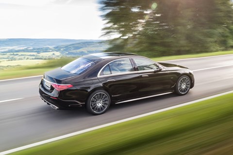 New Mercedes-Benz S-Class W223, 2020, rear view, black, driving