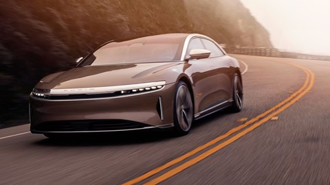 Lucid Air electric car, driving, front