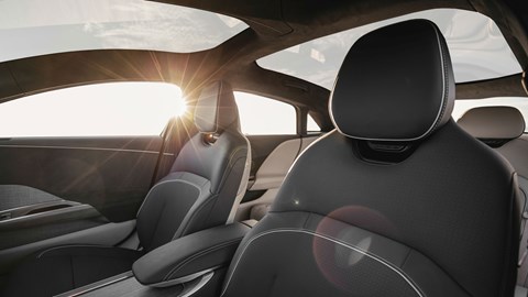 Lucid Air electric car, interior, front seats, glass canopy roof