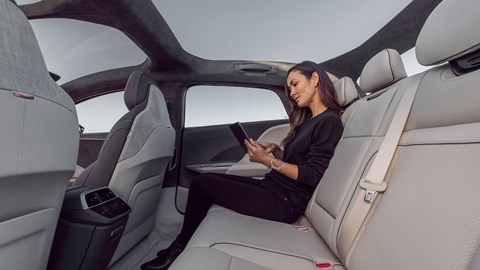 Lucid Air electric car, interior, rear legroom with passenger