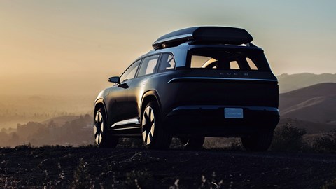 Lucid Motors Project Gravity SUV teaser image, rear, mountains
