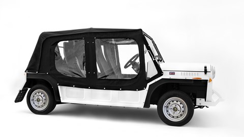 Moke International Moke, now on sale in the UK, Coconut White, side view, with hood roof