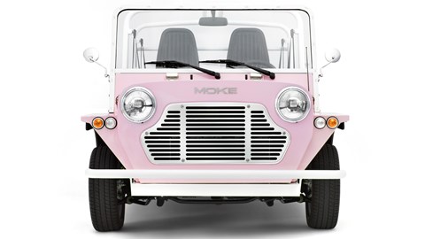 Moke International Moke, now on sale in the UK, Flamingo Pink, dead-on front view