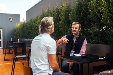 CAR magazine's digital editorial director Tim Pollard (right) interviews Stephan Winkelmann (left)