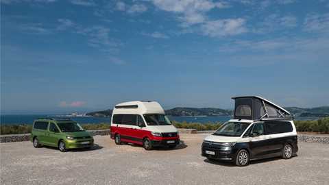 Image of the Volkswagen campervan line-up – front left to right Caddy California, Grand California, California