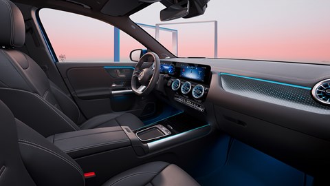 Updated Mercedes EQA: interior, black leather upholstery, from passenger side