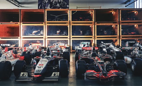 Bespoke storage crates are rotated and cleaned regularly, to prevent damage from moths and mice. Vodafone car is Lewis Hamilton’s 2008 MP4-23, complete with Merc V8. Boy band is Merc’s late-’80s sports car dream team: Fritz Kreutzpointner, Karl Wendlinger and Schumacher