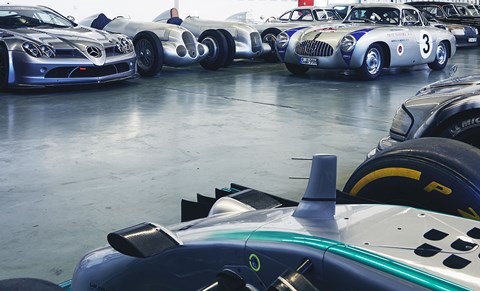 McLaren-Mercedes SLR 722 one-make racer and SLR prototype in Carrera Panamericana colours flank two of Merc’s mightiest GP cars, a W125 and  W25, and – just visible – the sister car to Moss’s 1955 Mille Miglia winning 300 SLR