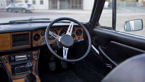 Triumph Stag interior is unchanged by Electrogenic, but gauges now show EV info