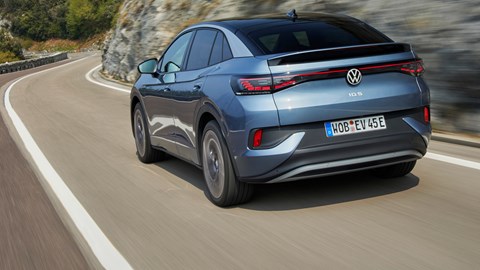 Volkswagen ID.5 Style electric coupe-SUV, rear view, driving