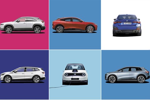 Montage of electric cars including BMW i4 and Honda e