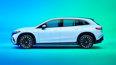 Mercedes-Benz EQS SUV, side, white, trippy studio background of green and blue