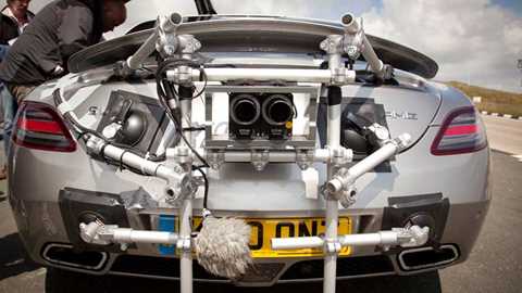 Not your usual Merc SLS rear-end styling. This one's festooned with 3D camera gear