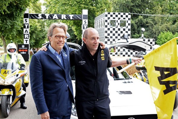 Lord March (left) and the AA's Chris Jansen start the Moving Motor Show on Thursday