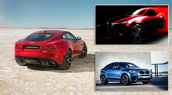 Jaguar F-type AWD, with Mazda CX-3 (top right) and BMW X6 M (inset bottom)