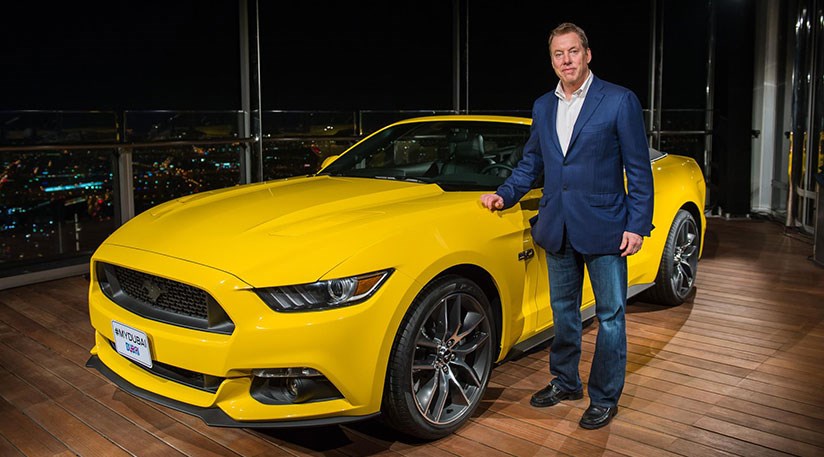 Ford chairman Bill Ford stands by the reassembled Ford Mustang at the top of the Burj Khalifa skyscraper in Dubai