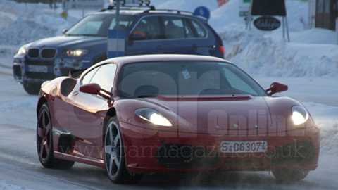 Ferrari F142 (2010) cold weather testing. It's the new Ferrari V8 sports car, followed by the M Division's BMW X5 no less. That's a double scoop, Mr Whippy please