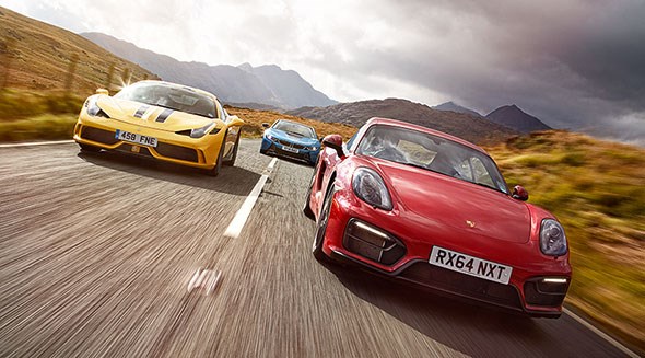 Porsche Cayman GTS, Ferrari 458 Speciale and BMW i8 on our Sports Car Giant Test