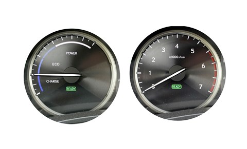 Beardy Eco clock (left) gives way to red-blooded rev counter when you hit Sport