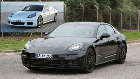 This particular prototype doesn't display any radical styling detours from the current Porsche Panamera (inset), frontally at least