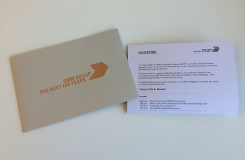 The invitation for BMW's centenary event